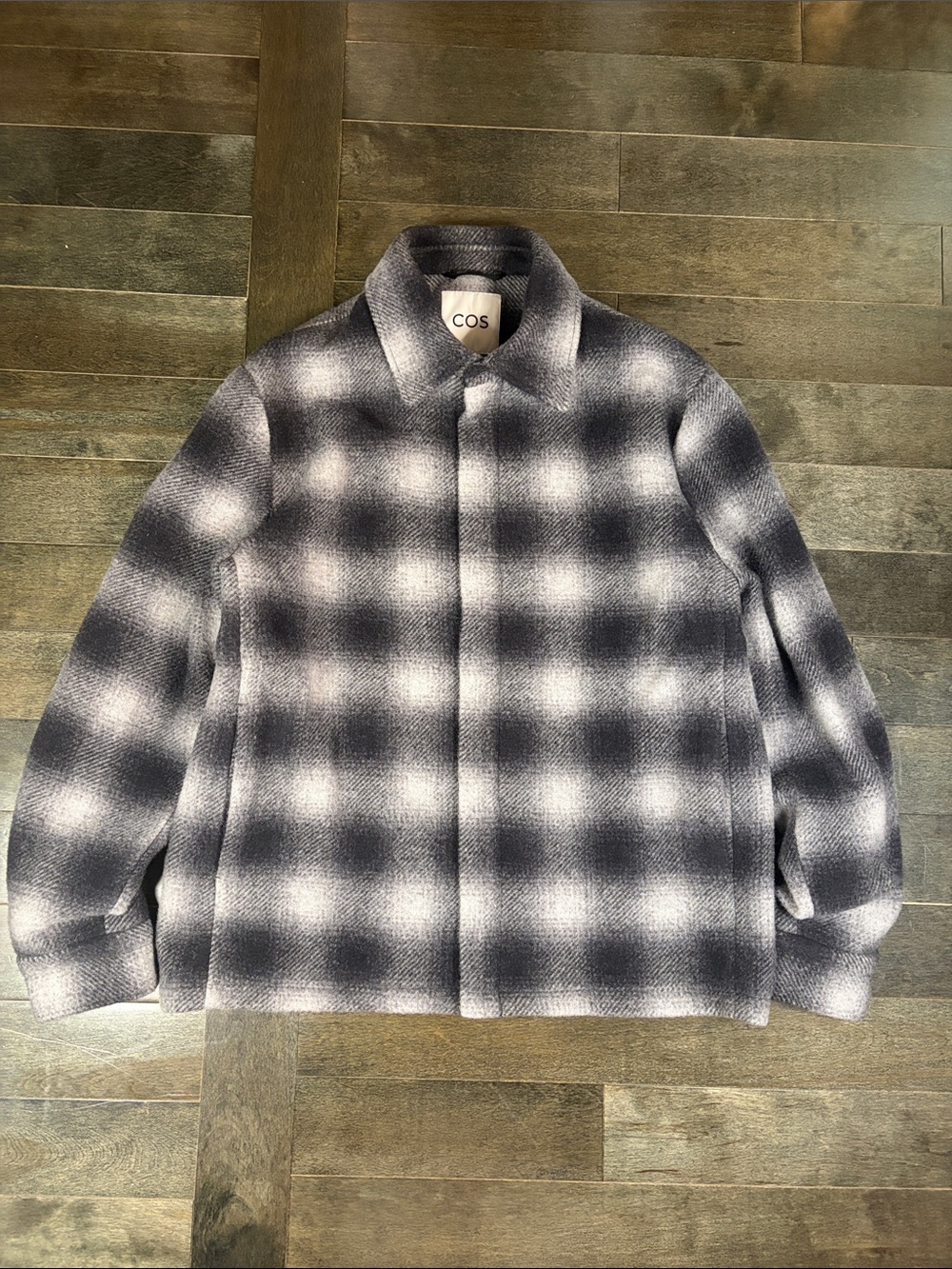 COS Relaxed Buffalo Check Overshirt Jacket Grey Black Wool Blend Size L